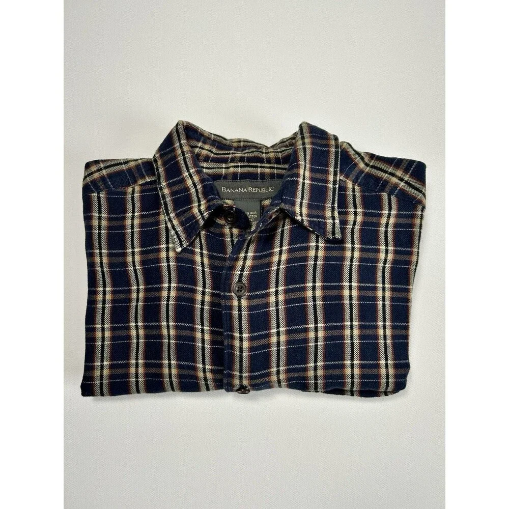 Banana Republic Plaid Lightweight Flannel Shirt Blue Tan Button Down Mens size M